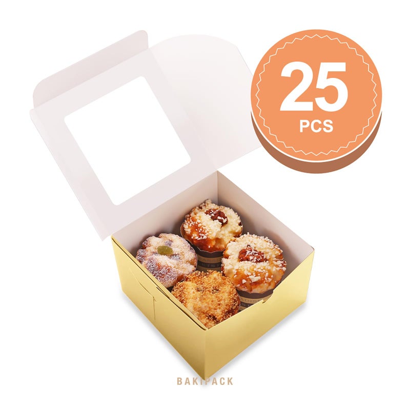 BAKIPACK 25 Gold Bakery Boxes with Window 5x5x3.5 Inches, Dessert Boxes to Go with Window, Treat Boxes for Small Bakery, Dessert, Candy, Cookies, Pastry, Party Favors, Wedding Cake - Image 3